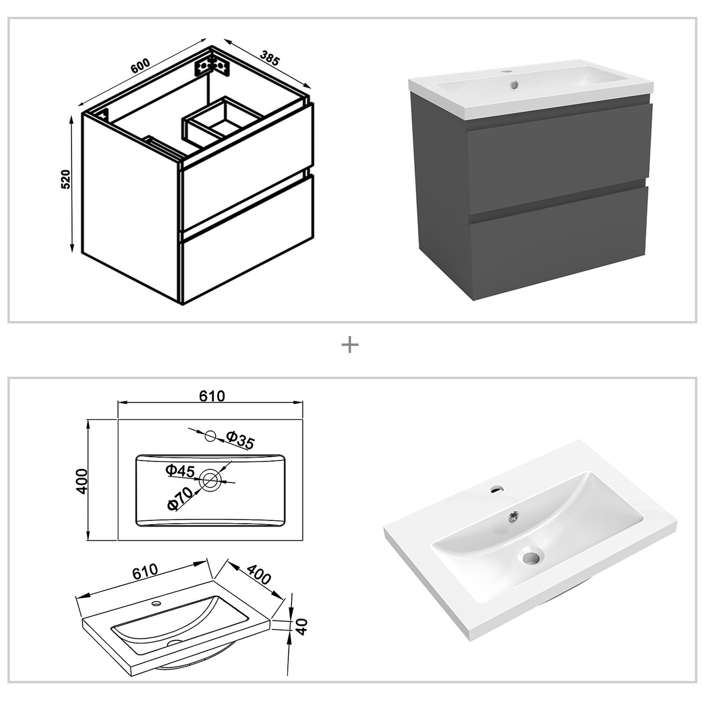 Badezimmermöbel 60cm Mineralguss Waschtisch mit Unterschrank Badmöbel set Badezimmerschränke mit 2 Soft-Close Schubladen Dunkelgrau Matt