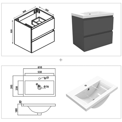 Badezimmermöbel 60cm Dickes Keramik Waschtisch mit Unterschrank Badmöbel set Badezimmerschränke mit 2 Soft-Close Schubladen Dunkelgrau Matt