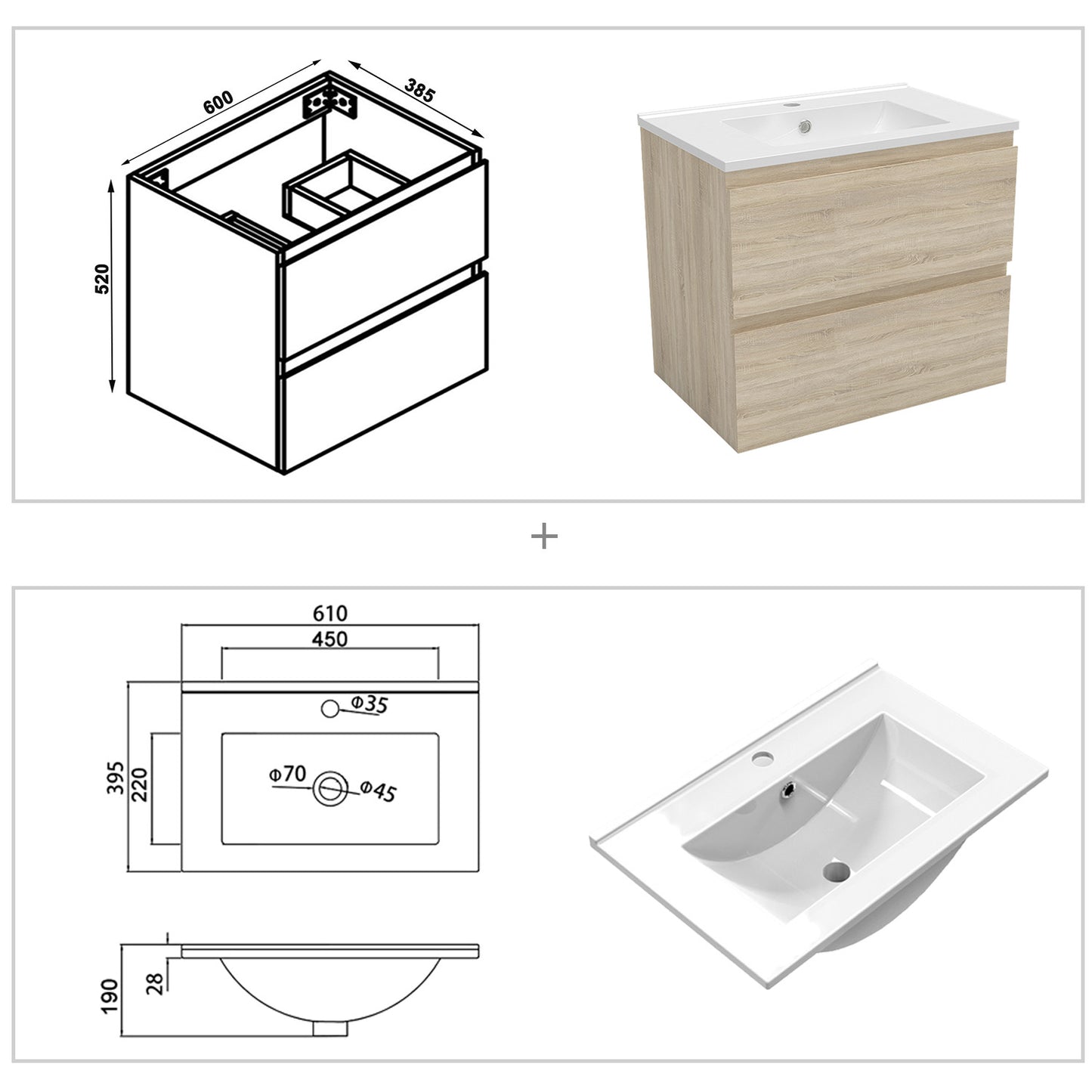 Badezimmermöbel 60cm Dünn Keramik Waschtisch mit Unterschrank Badmöbel set Badezimmerschränke mit 2 Soft-Close Schubladen Eiche Matt