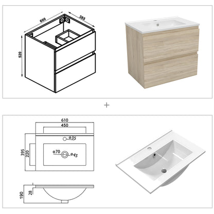 Badezimmermöbel 60cm Dünn Keramik Waschtisch mit Unterschrank Badmöbel set Badezimmerschränke mit 2 Soft-Close Schubladen Eiche Matt