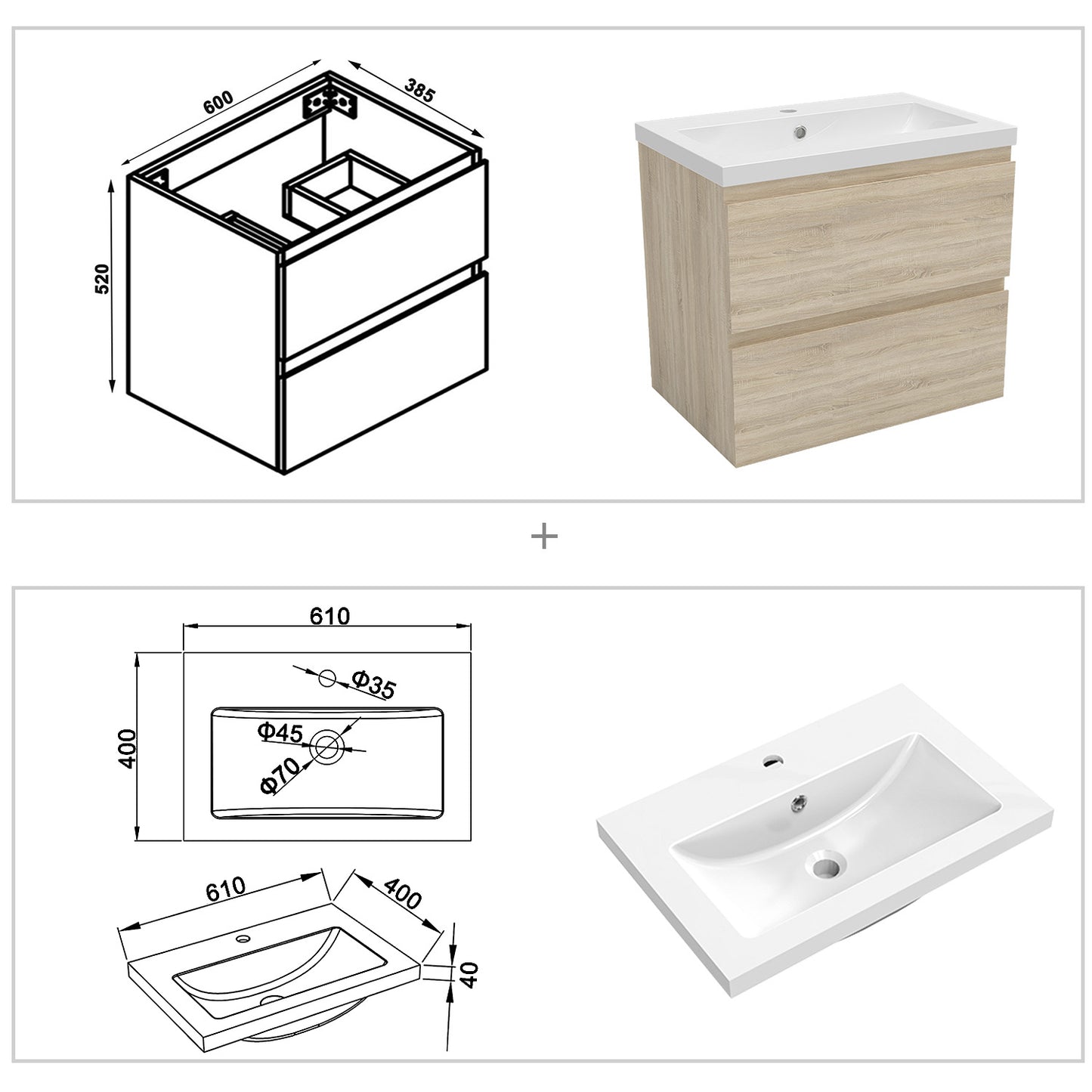 Badezimmermöbel 60cm Mineralguss Waschtisch mit Unterschrank Badmöbel set Badezimmerschränke mit 2 Soft-Close Schubladen Eiche Matt