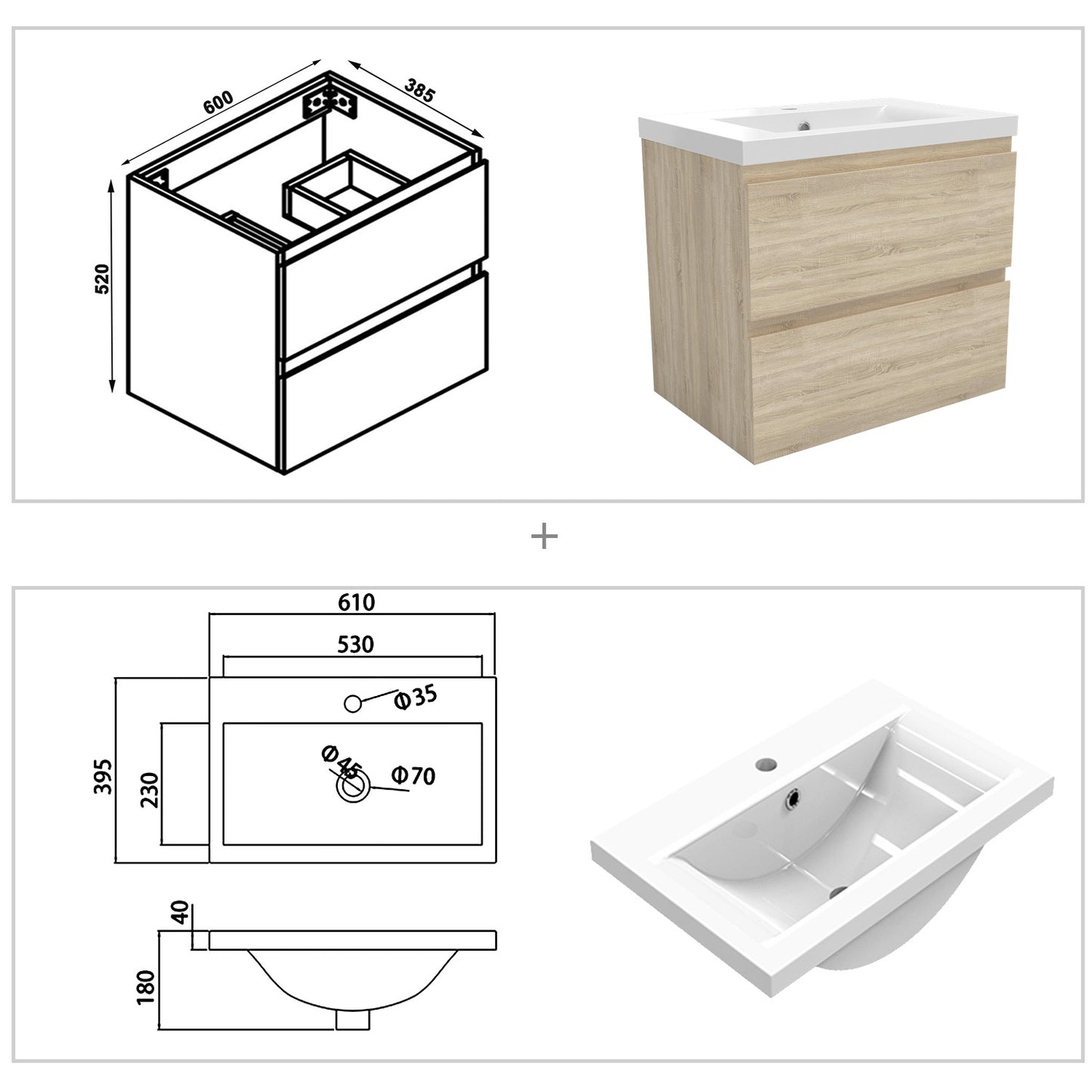 Badezimmermöbel 60cm Dickes Keramik Waschtisch mit Unterschrank Badmöbel set Badezimmerschränke mit 2 Soft-Close Schubladen Eiche Matt