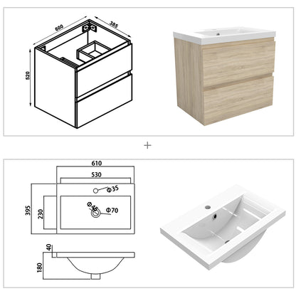 Badezimmermöbel 60cm Dickes Keramik Waschtisch mit Unterschrank Badmöbel set Badezimmerschränke mit 2 Soft-Close Schubladen Eiche Matt