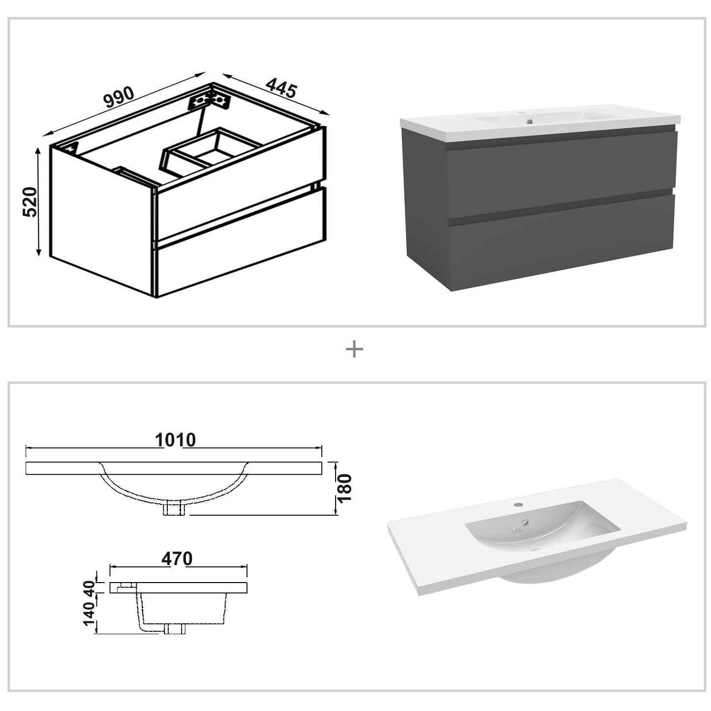 Badezimmermöbel 100cm Mineralguss Waschtisch mit Unterschrank Badmöbel set Badezimmerschränke mit 2 Soft-Close Schubladen Dunkelgrau Matt