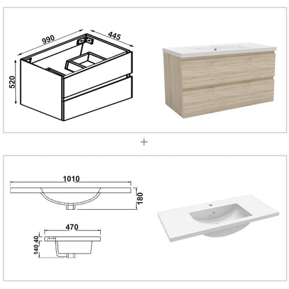 Badezimmermöbel 100cm Mineralguss Waschtisch mit Unterschrank Badmöbel set Badezimmerschränke mit 2 Soft-Close Schubladen Eiche Matt