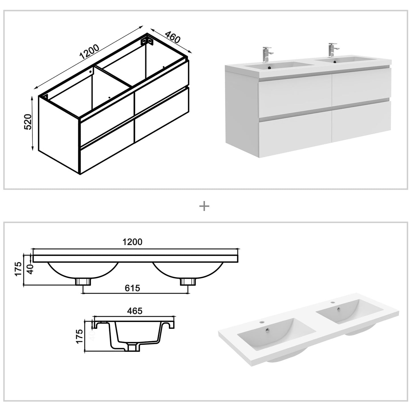 Badezimmermöbel 120cm Mineralguss Waschtisch mit Unterschrank Badmöbel set Badezimmerschränke mit 4 Soft-Close Schubladen Weiß Matt