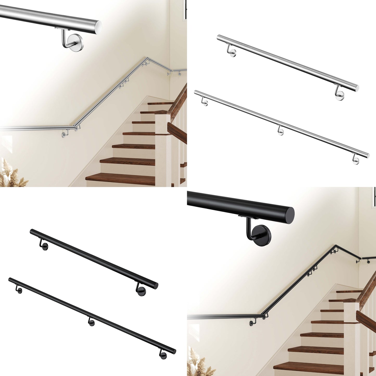 Edelstahl Treppengeländer & Wandhandlauf (Silber & Schwarz) | Länge 80 - 240 cm | Inkl. Halterungen für Innen & Außen