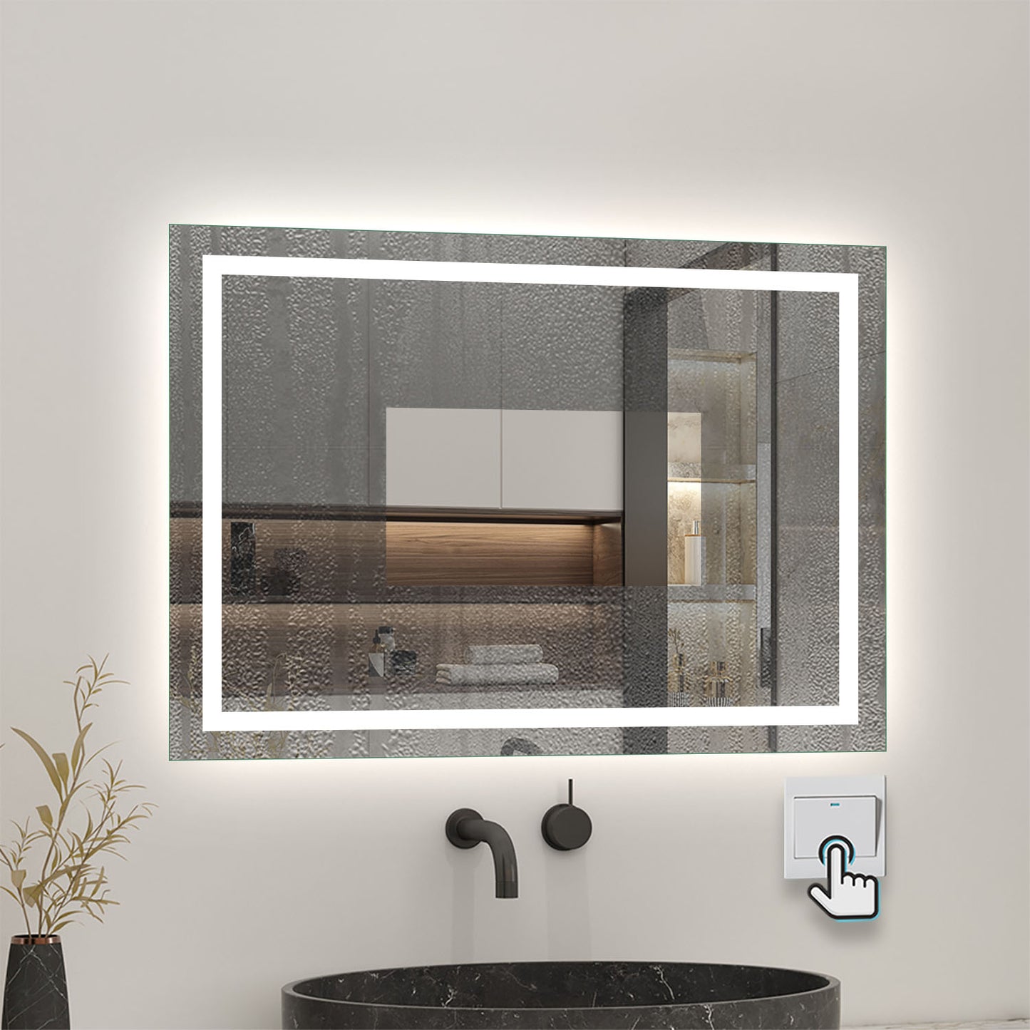Badspiegel mit Beleuchtung 70x50cm LED Wandspiegel mit Wand-Schalter Beschlagfrei Lichtspiegel Badezimmerspiegel Kaltweiß IP44