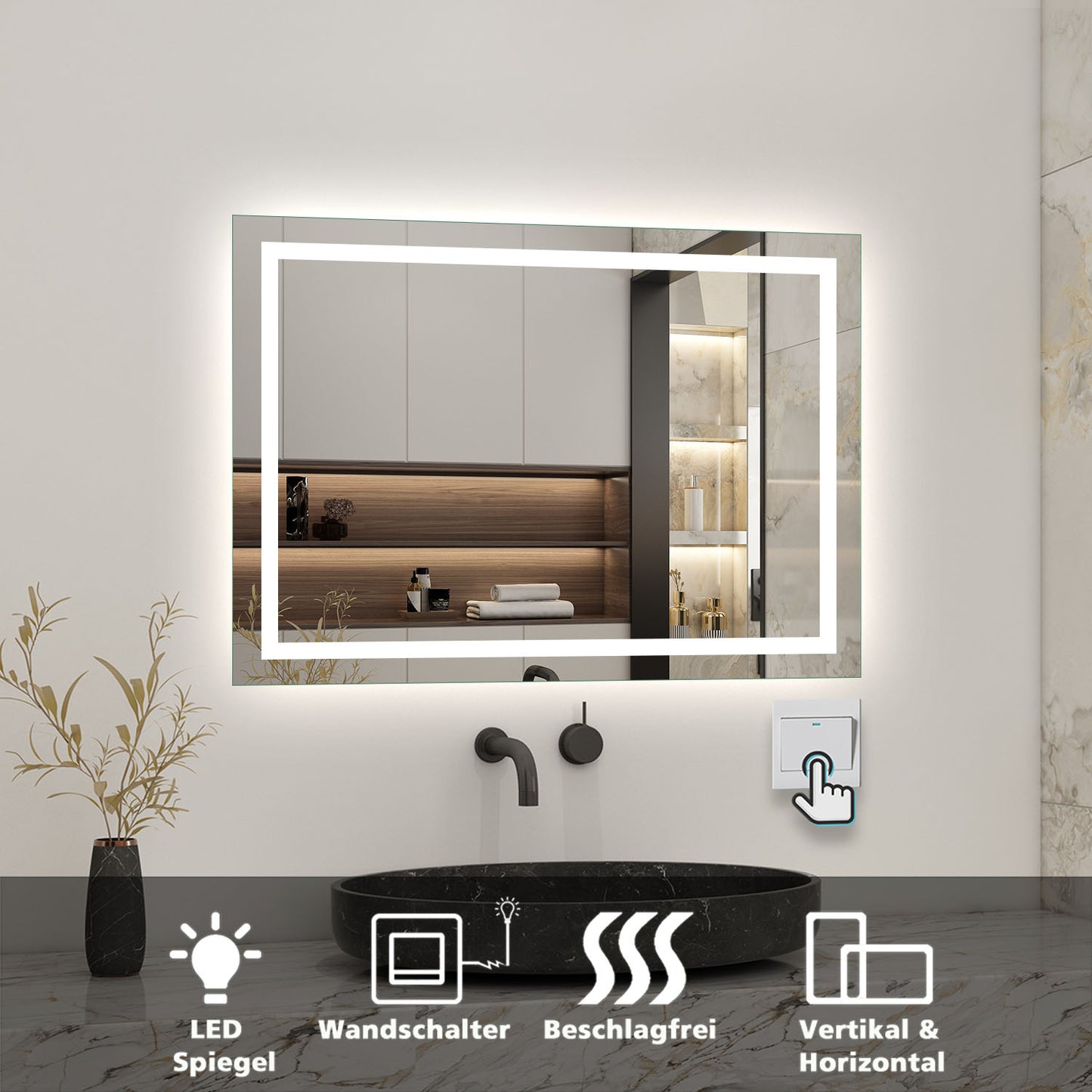 Badspiegel mit Beleuchtung 70x50cm LED Wandspiegel mit Wand-Schalter Beschlagfrei Lichtspiegel Badezimmerspiegel Kaltweiß IP44
