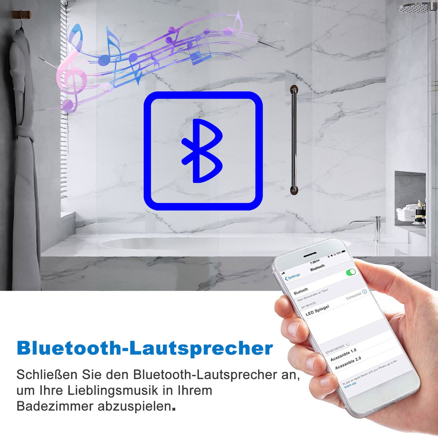 Badspiegel mit Beleuchtung LED Wandspiegel Bluetooth und Uhr Badezimmerspiegel Beschlagfrei 3 Lichtfarbe Dimmbar