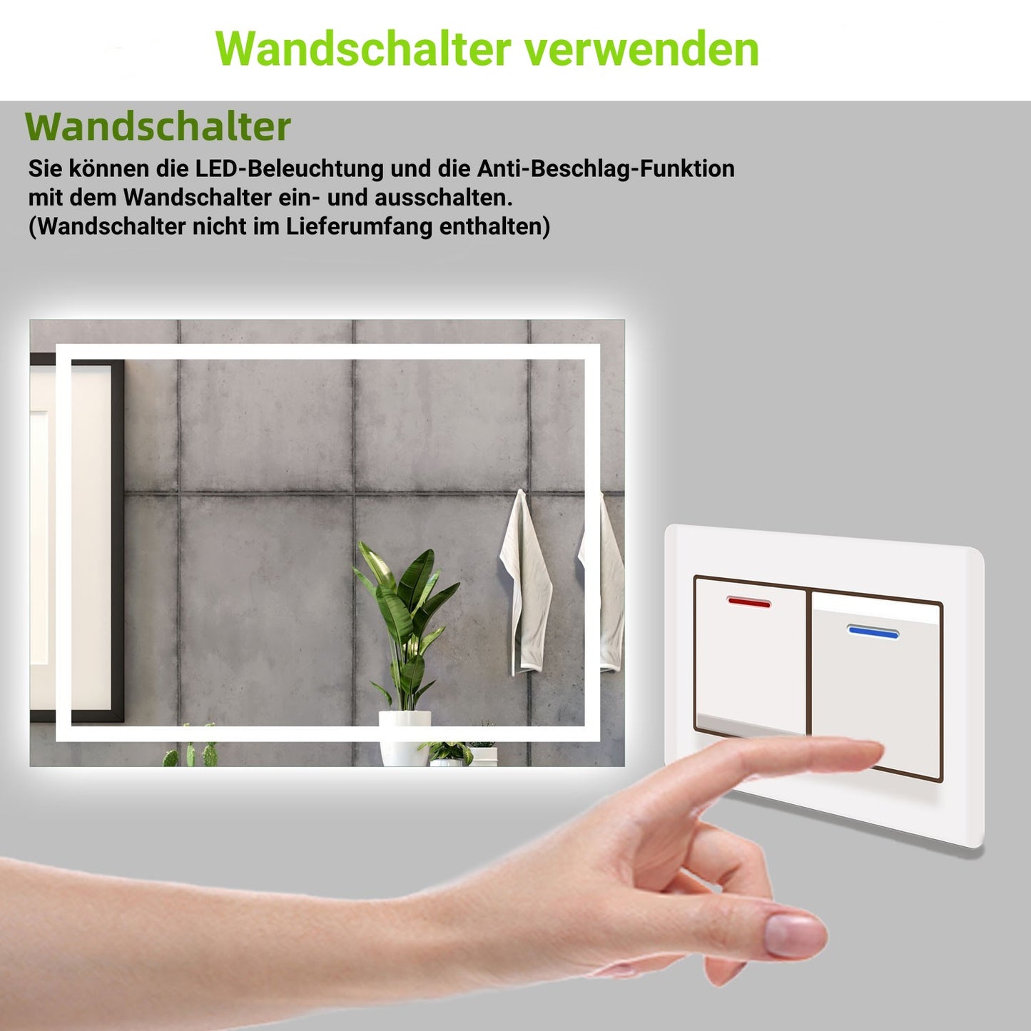 Badspiegel mit Beleuchtung 70x50cm LED Wandspiegel mit Wand-Schalter Beschlagfrei Lichtspiegel Badezimmerspiegel Kaltweiß IP44
