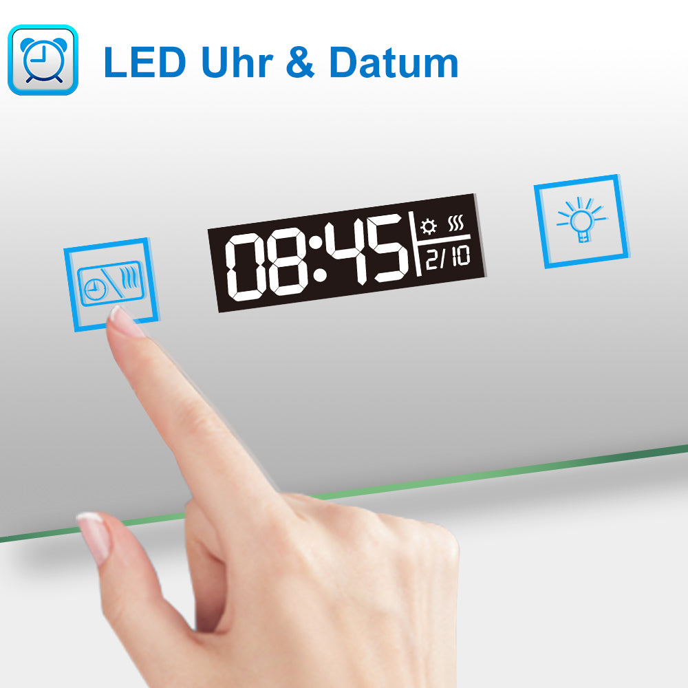 140x80cm LED Badspiegel mit Uhr,Touch und 3x Vergrößernder Kosmetikspiegel,Badspiegel mit Beleuchtung,Beschlagfrei,Badezimmerspiegel mit 3 Lichtfarbe 2700-6500K Dimmbar,IP44