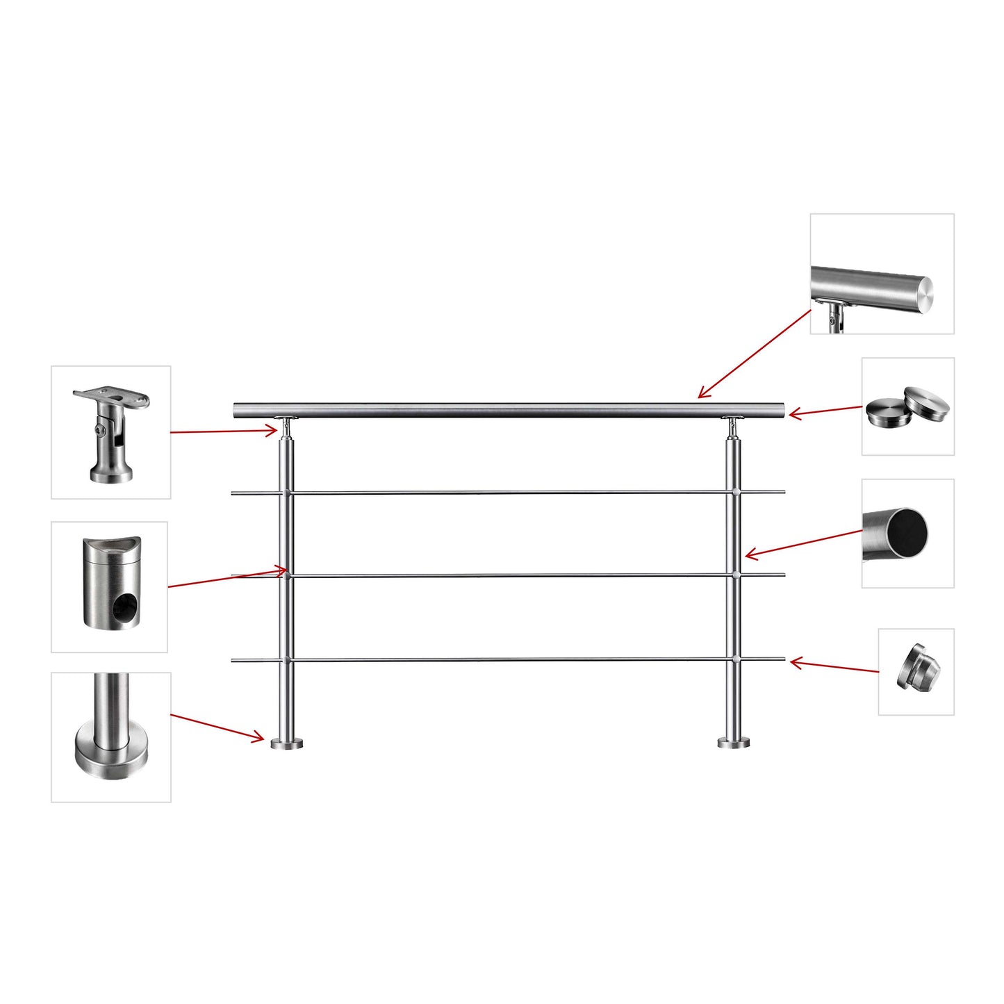 Edelstahl Geländer V2A mit Handlauf (80-200 cm) | 3 oder 5 Querstreben | Bodenmontage & Winkelverstellbar (0°-40°) | Für Balkon, Terrasse & Treppe