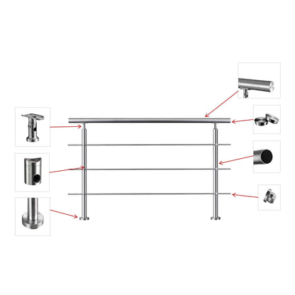Edelstahl Geländer V2A mit Handlauf (80-200 cm) | 3 oder 5 Querstreben | Bodenmontage & Winkelverstellbar (0°-40°) | Für Balkon, Terrasse & Treppe