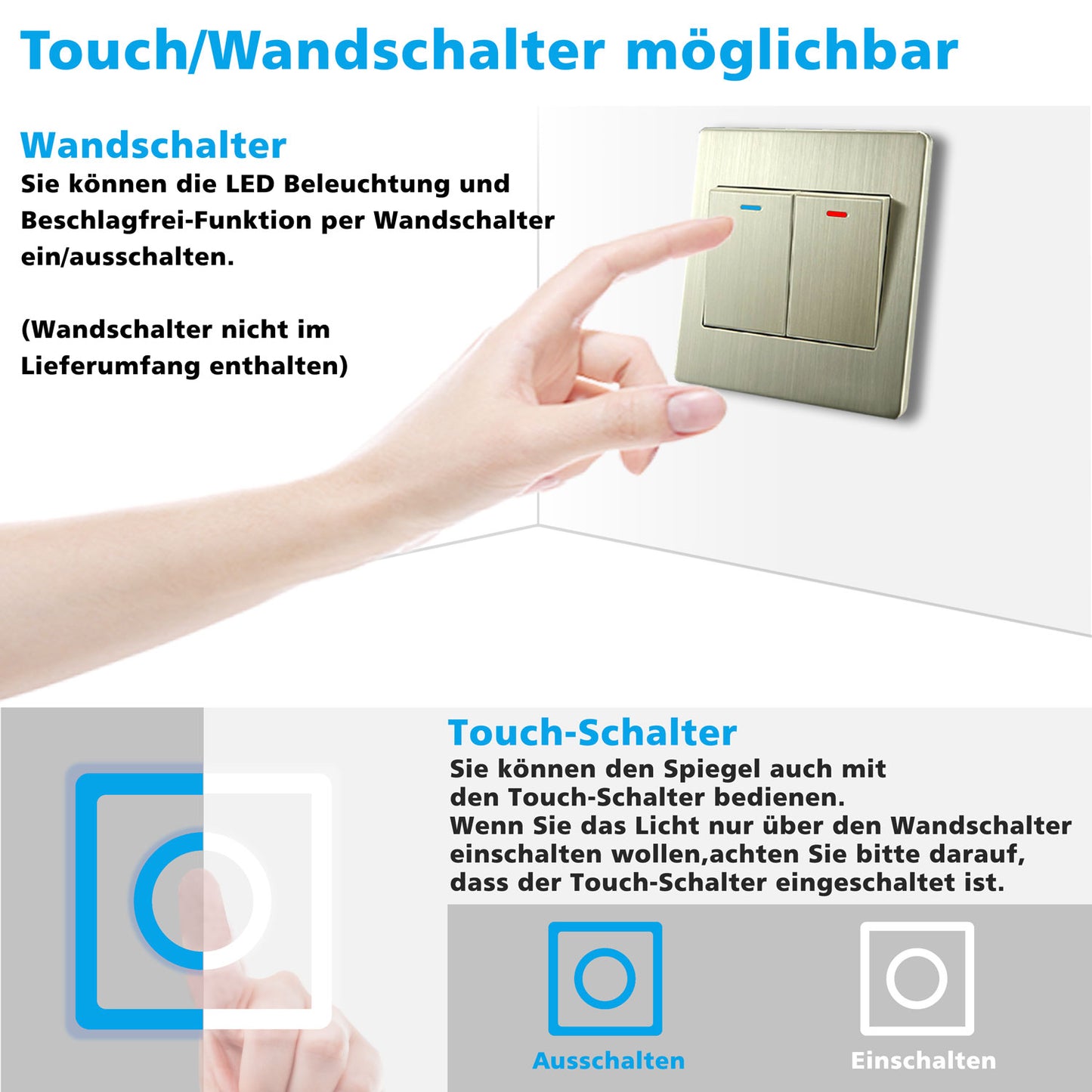 Badspiegel mit Beleuchtung 60x50cm Badezimmerspiegel Lichtspiegel LED Wandspiegel mit Wandschalter/Touchschalter Beschlagfrei 3 Lichtfarbe 2700-6500K Dimmbar,IP44