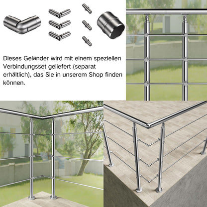 Edelstahl Geländer 3/5 Querstäbe Treppengeländer 80-240cm Handlauf | Balustradensystem für Balkon & Terrasse