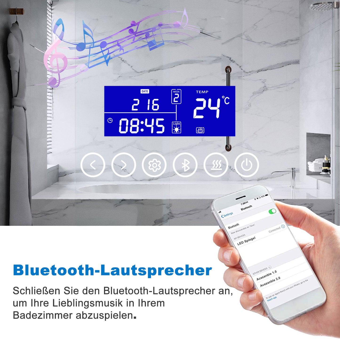 160x80cm LED Badspiegel mit Bluetooth,Touch und 3x Vergrößernder Kosmetikspiegel,Badspiegel mit Beleuchtung,Beschlagfrei,Badezimmerspiegel mit 3 Lichtfarbe 2700-6500K Dimmbar,IP44