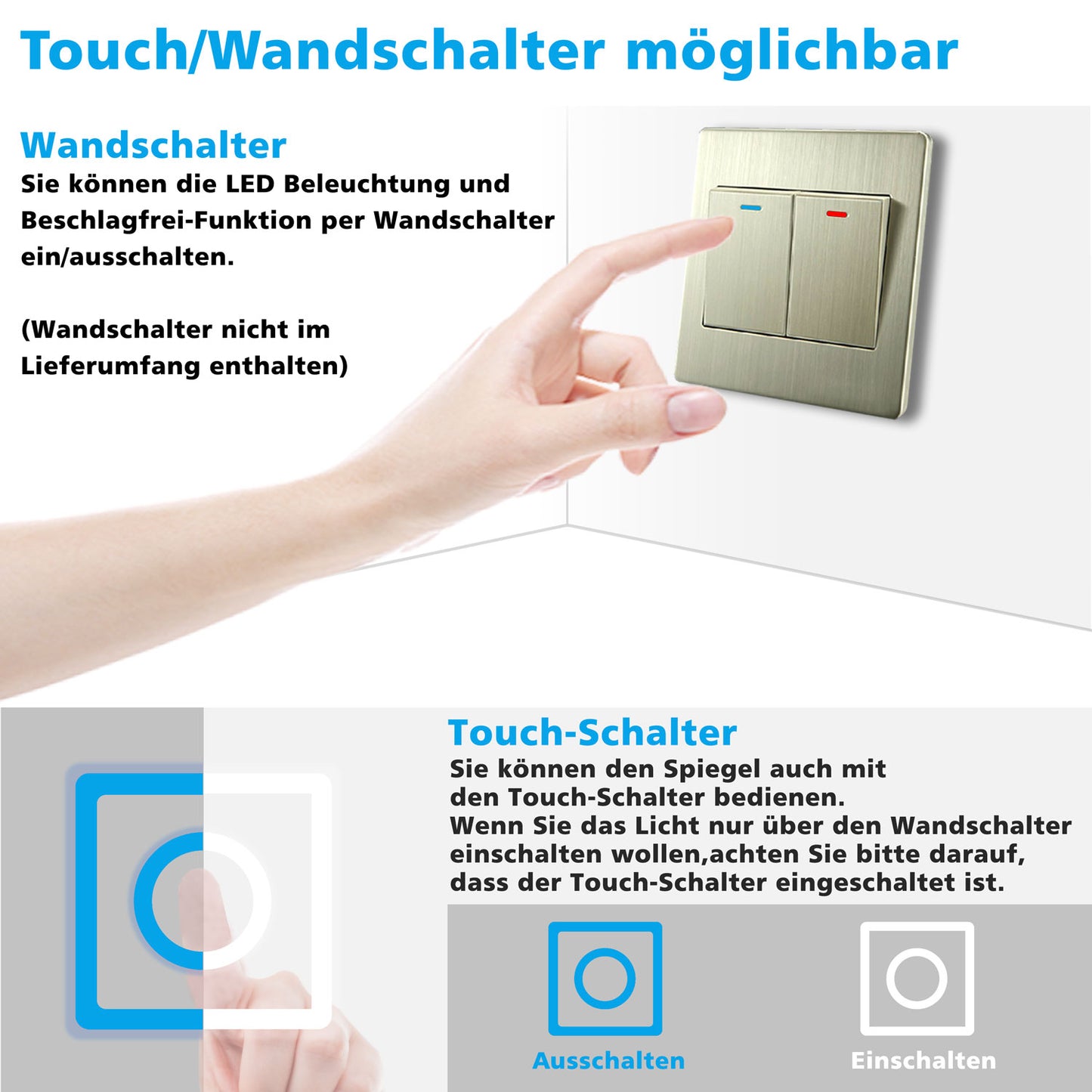 LED Badspiegel Rund 60cm Wand/Touchschalter Beschlagfrei Kaltweiß Dimmbar Badspiegel mit Beleuchtung Badezimmerspiegel Lichtspiegel IP44