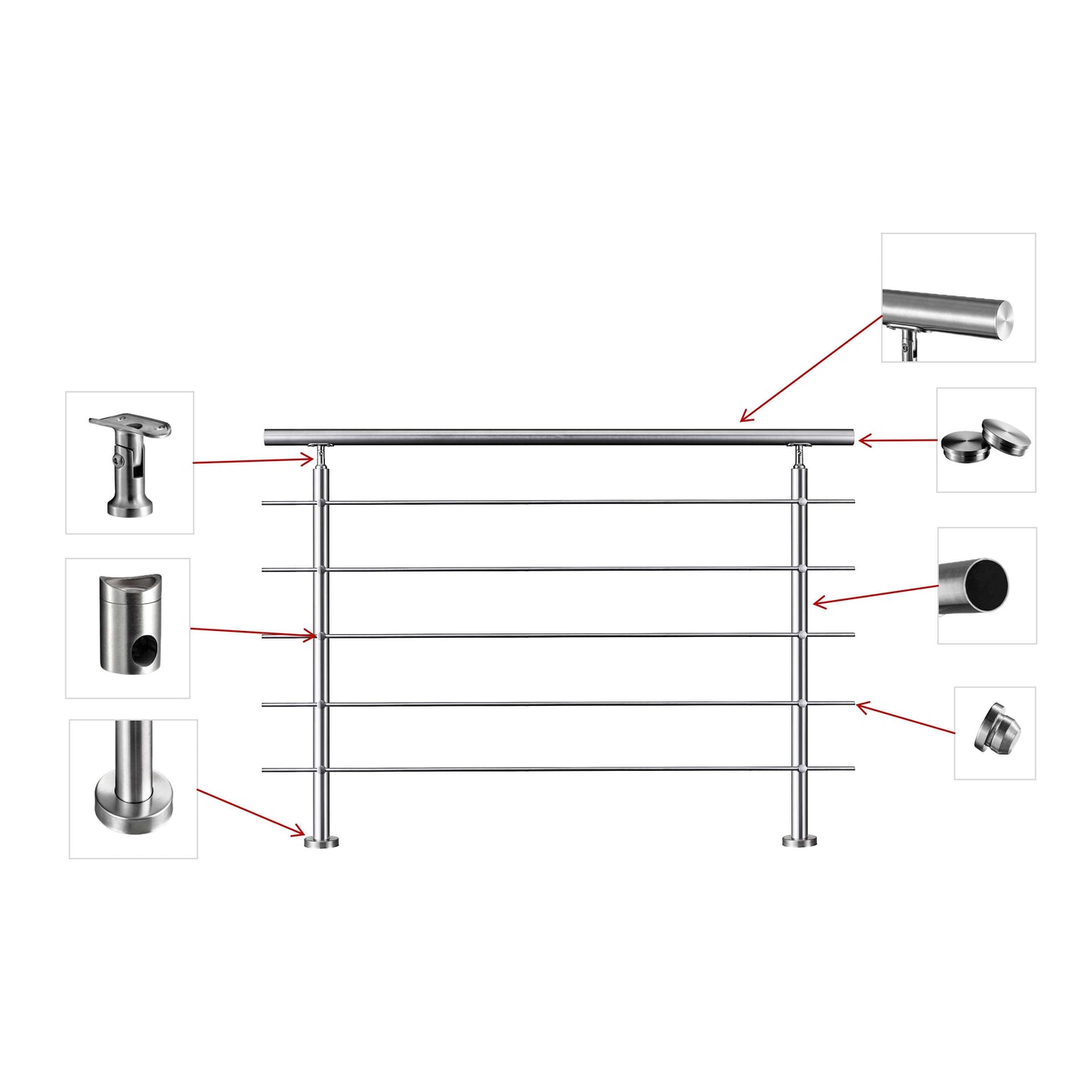 Edelstahl Geländer V2A mit Handlauf (80-200 cm) | 3 oder 5 Querstreben | Bodenmontage & Winkelverstellbar (0°-40°) | Für Balkon, Terrasse & Treppe