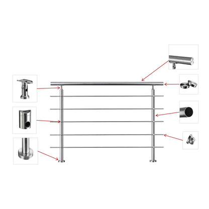 Edelstahl Geländer V2A mit Handlauf (80-200 cm) | 3 oder 5 Querstreben | Bodenmontage & Winkelverstellbar (0°-40°) | Für Balkon, Terrasse & Treppe