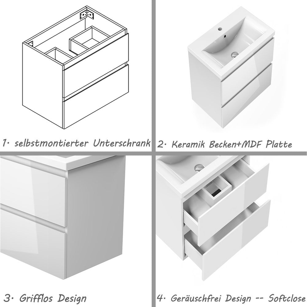 Badezimmermöbel 50cm Keramik Waschtisch mit Unterschrank Badmöbel set Badezimmerschränke mit 2 Soft-Close Schubladen Hochglanz Weiß