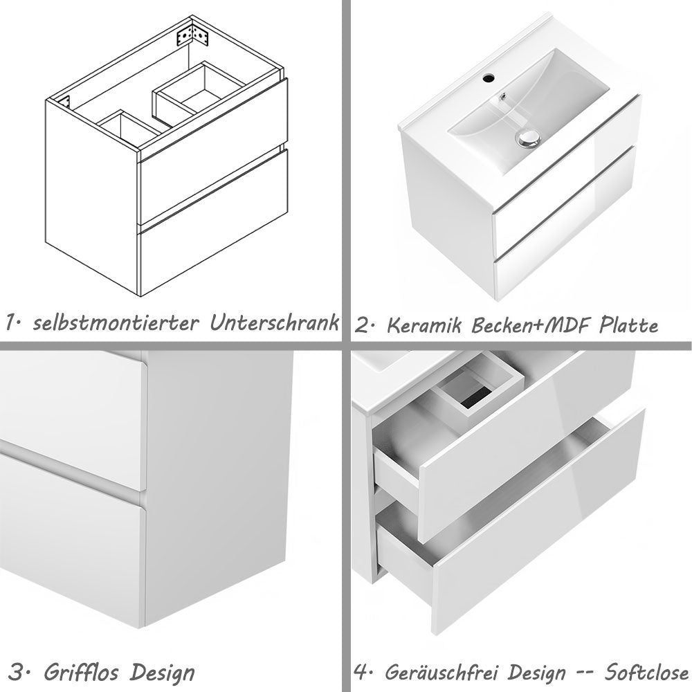 Badezimmermöbel 60cm Dünn Keramik Waschtisch mit Unterschrank Badmöbel set Badezimmerschränke mit 2 Soft-Close Schubladen Hochglanz Weiß