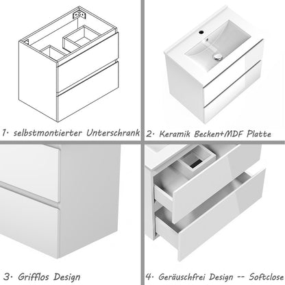 Badezimmermöbel 60cm Dünn Keramik Waschtisch mit Unterschrank Badmöbel set Badezimmerschränke mit 2 Soft-Close Schubladen Hochglanz Weiß