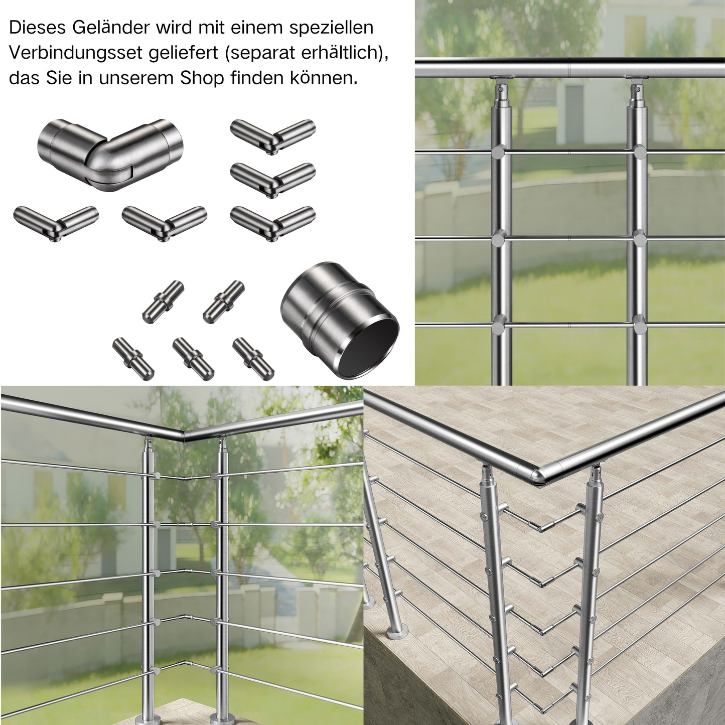 Edelstahl Geländer 3/5 Querstäbe Treppengeländer 80-240cm Handlauf | Balustradensystem für Balkon & Terrasse