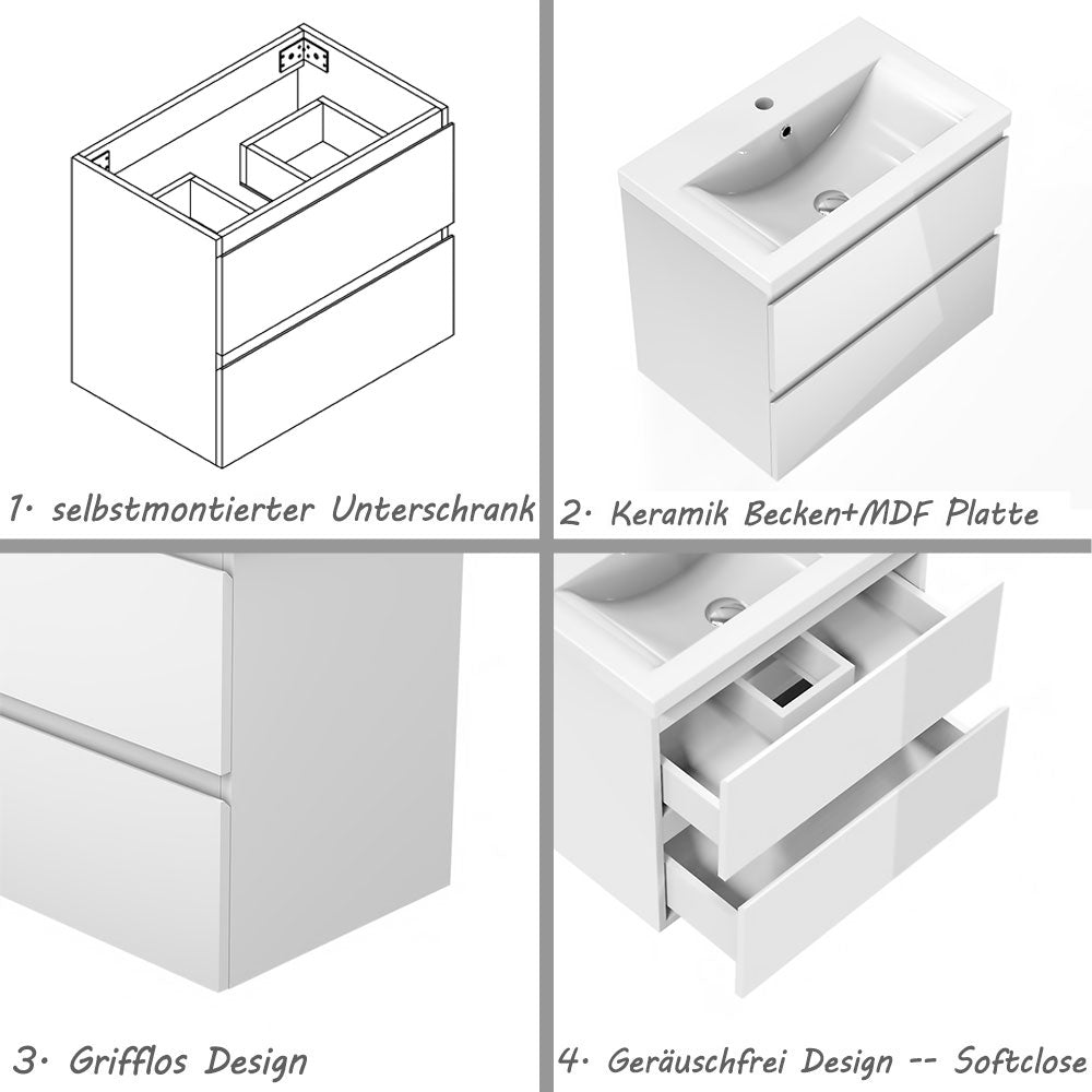 Badezimmermöbel 60cm Dickes Keramik Waschtisch mit Unterschrank Badmöbel set Badezimmerschränke mit 2 Soft-Close Schubladen Hochglanz Weiß