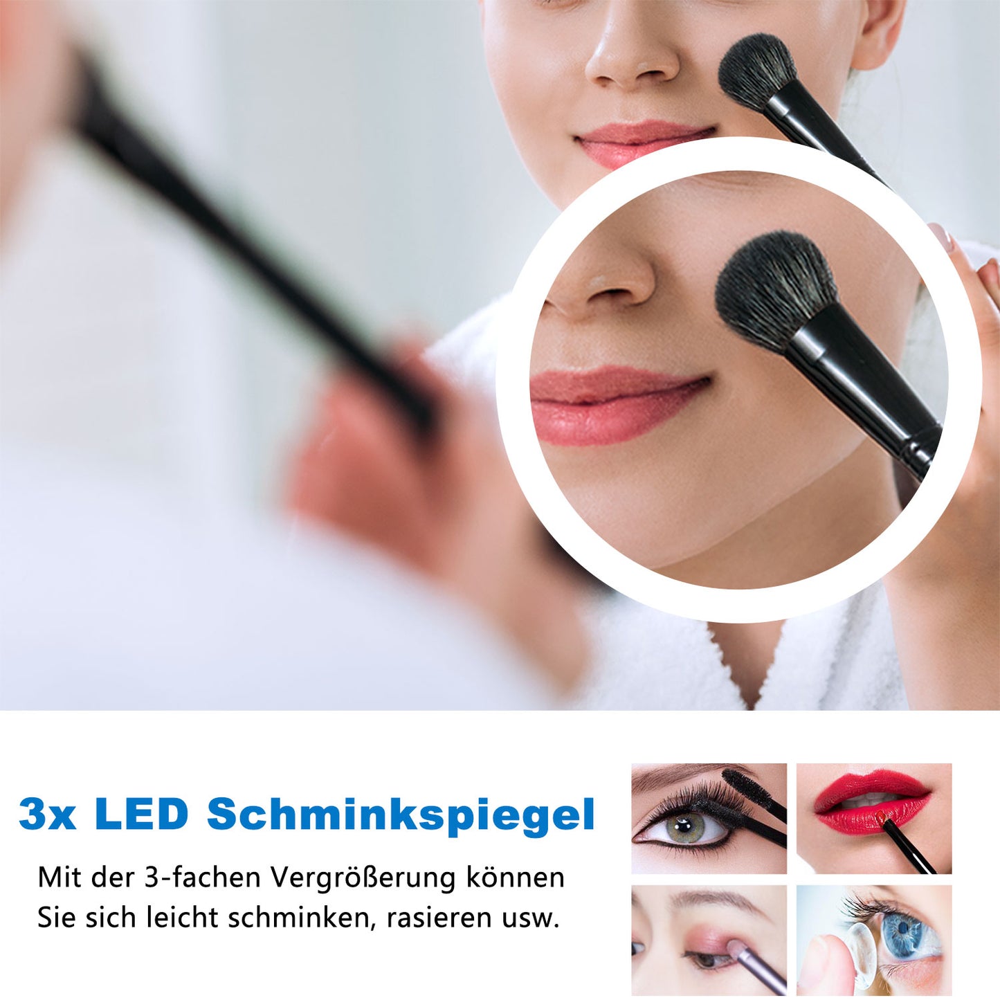 Badspiegel mit Beleuchtung 160x80cm LED Wandspiegel mit Bluetooth, Uhr,Touch und 3x Vergrößernder Kosmetikspiegel,Badezimmerspiegel Beschlagfrei 3 Lichtfarbe 2700-6500K Dimmbar,IP44