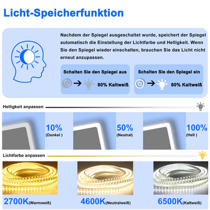 50x70cm LED Badspiegel mit Wandschalter/Touchschalter,Badspiegel mit Beleuchtung,Beschlagfrei,Badezimmerspiegel mit 3 Lichtfarbe 2700-6500K Dimmbar,IP44