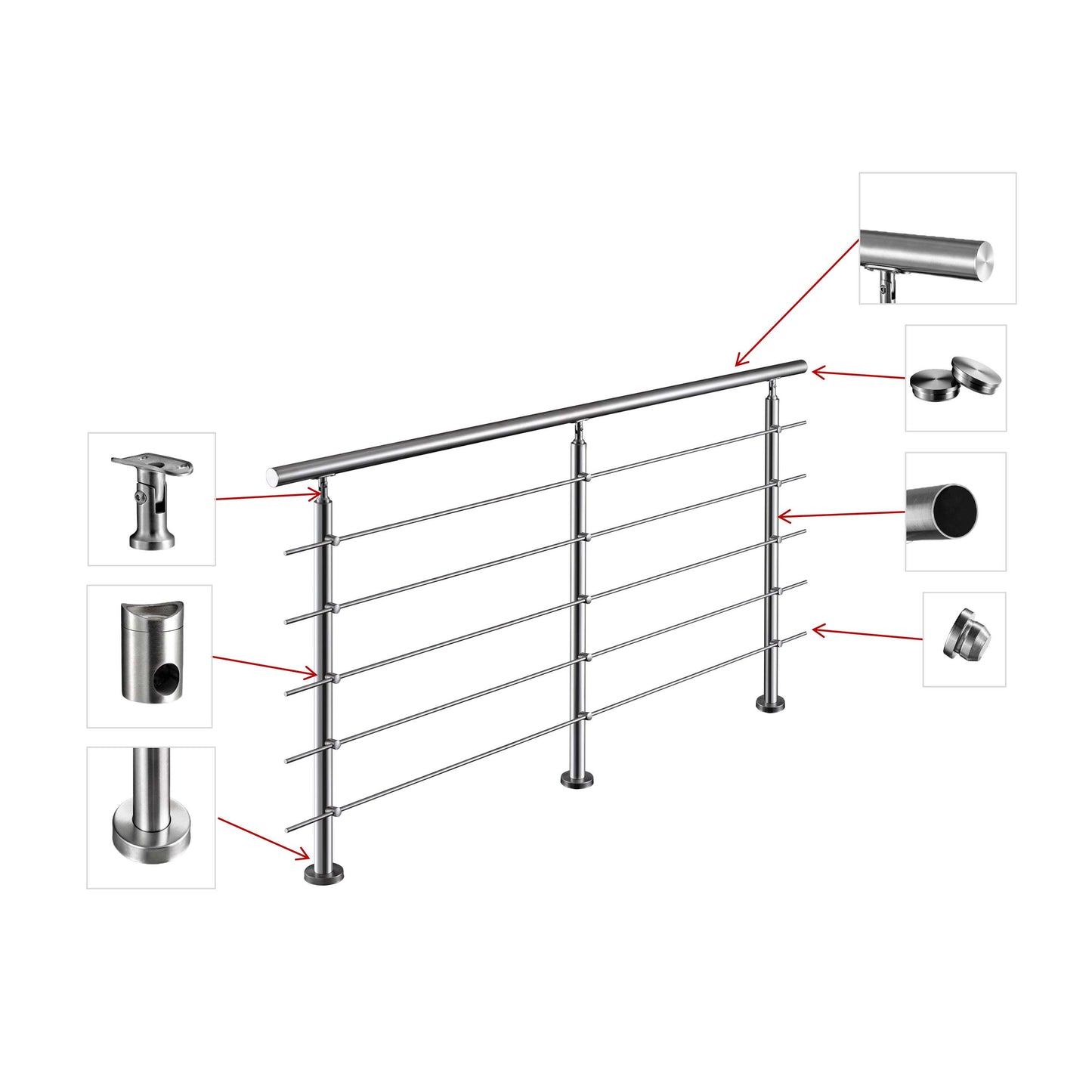 Edelstahl Geländer V2A mit Handlauf (80-200 cm) | 3 oder 5 Querstreben | Bodenmontage & Winkelverstellbar (0°-40°) | Für Balkon, Terrasse & Treppe