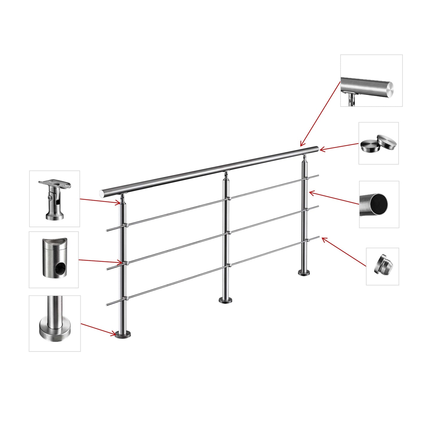 Edelstahl Geländer V2A mit Handlauf (80-200 cm) | 3 oder 5 Querstreben | Bodenmontage & Winkelverstellbar (0°-40°) | Für Balkon, Terrasse & Treppe