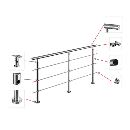 Edelstahl Geländer V2A mit Handlauf (80-200 cm) | 3 oder 5 Querstreben | Bodenmontage & Winkelverstellbar (0°-40°) | Für Balkon, Terrasse & Treppe