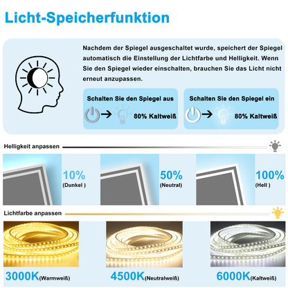 Badspiegel mit Beleuchtung 90x70cm Badezimmerspiegel Lichtspiegel LED Wandspiegel mit Wandschalter/Touchschalter Beschlagfrei 3 Lichtfarbe 2700-6500K Dimmbar,IP44