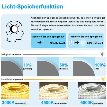 Rund Badspiegel 50cm LED Wandspiegel mit Touch/Wandschalter Beschlagfrei 3 Lichtfarbe+Dimmbar Badezimmerspiegel mit Beleuchtung IP44