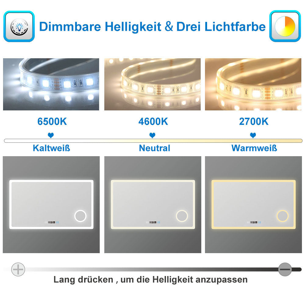 140x80cm LED Badspiegel mit Uhr,Touch und 3x Vergrößernder Kosmetikspiegel,Badspiegel mit Beleuchtung,Beschlagfrei,Badezimmerspiegel mit 3 Lichtfarbe 2700-6500K Dimmbar,IP44