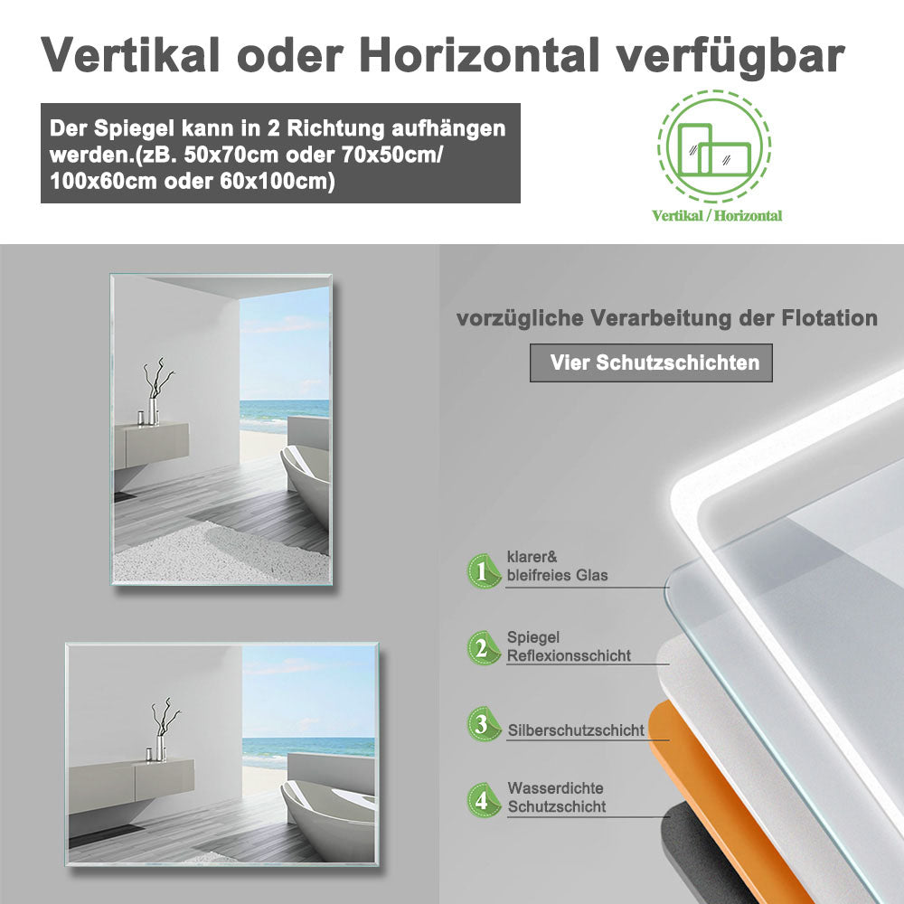 Badspiegel mit Beleuchtung 70x50cm LED Wandspiegel mit Wand-Schalter Beschlagfrei Lichtspiegel Badezimmerspiegel Kaltweiß IP44
