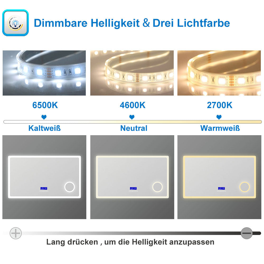 160x80cm LED Badspiegel mit Bluetooth,Touch und 3x Vergrößernder Kosmetikspiegel,Badspiegel mit Beleuchtung,Beschlagfrei,Badezimmerspiegel mit 3 Lichtfarbe 2700-6500K Dimmbar,IP44