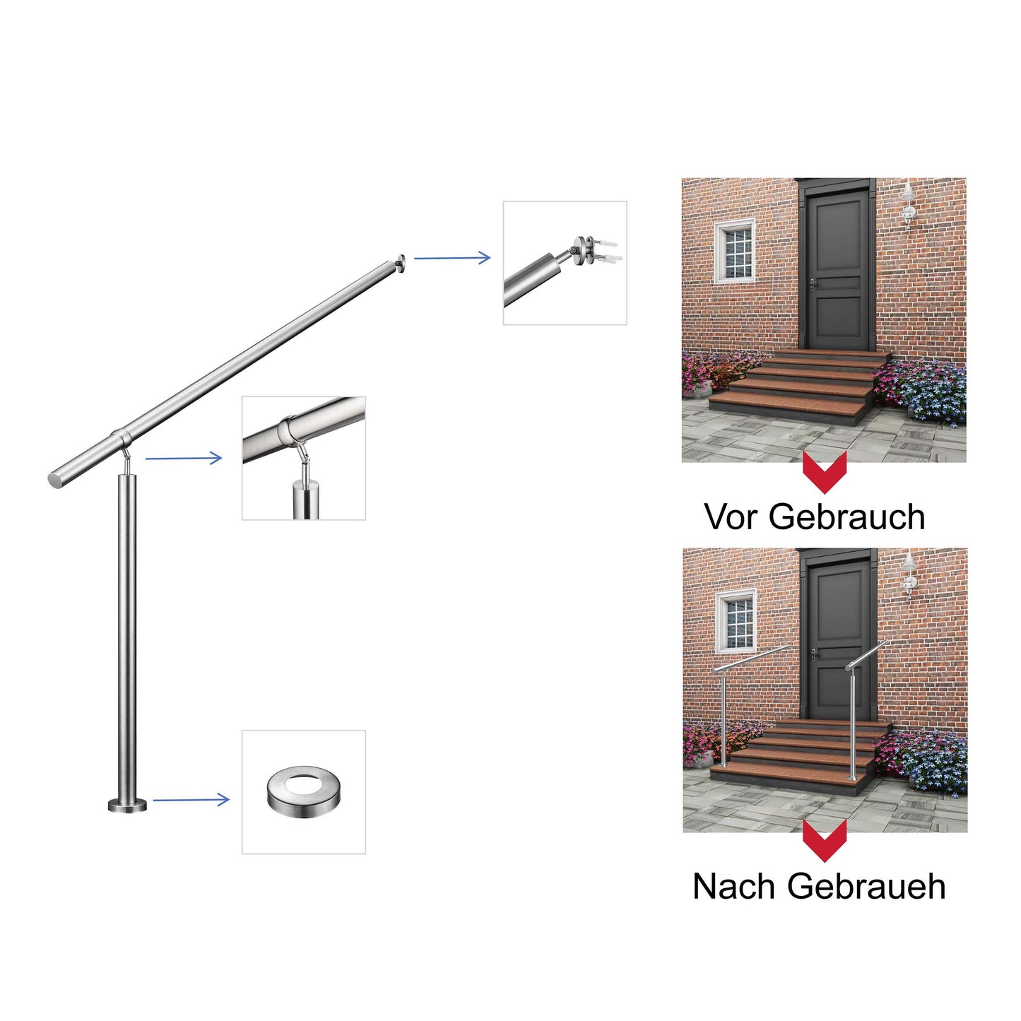 Edelstahl Geländer Komplettset mit integriertem Wandhalter & Handlauf – für Treppeneingang & Haustür