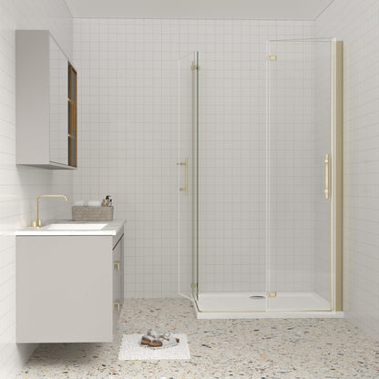 AICA Eckdusche 195cm Gold | Falttür Duschkabine Nano-Glas | 6mm ESG Duschabtrennung mit Eckeinstieg & Hebe-Senk-Funktion