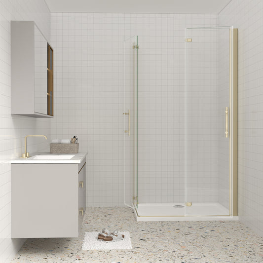 AICA Eckdusche 195cm Gold | Falttür Duschkabine Nano-Glas | 6mm ESG Duschabtrennung mit Eckeinstieg & Hebe-Senk-Funktion