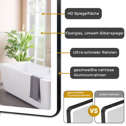 LED Badspiegel 70x50cm Touch/Wandschalter Beschlagfrei 3 Lichtfarbe 3000K-6000K+Dimmbar Badezimmerspiegel mit Schwarz Rahmen Wandspiegel IP44