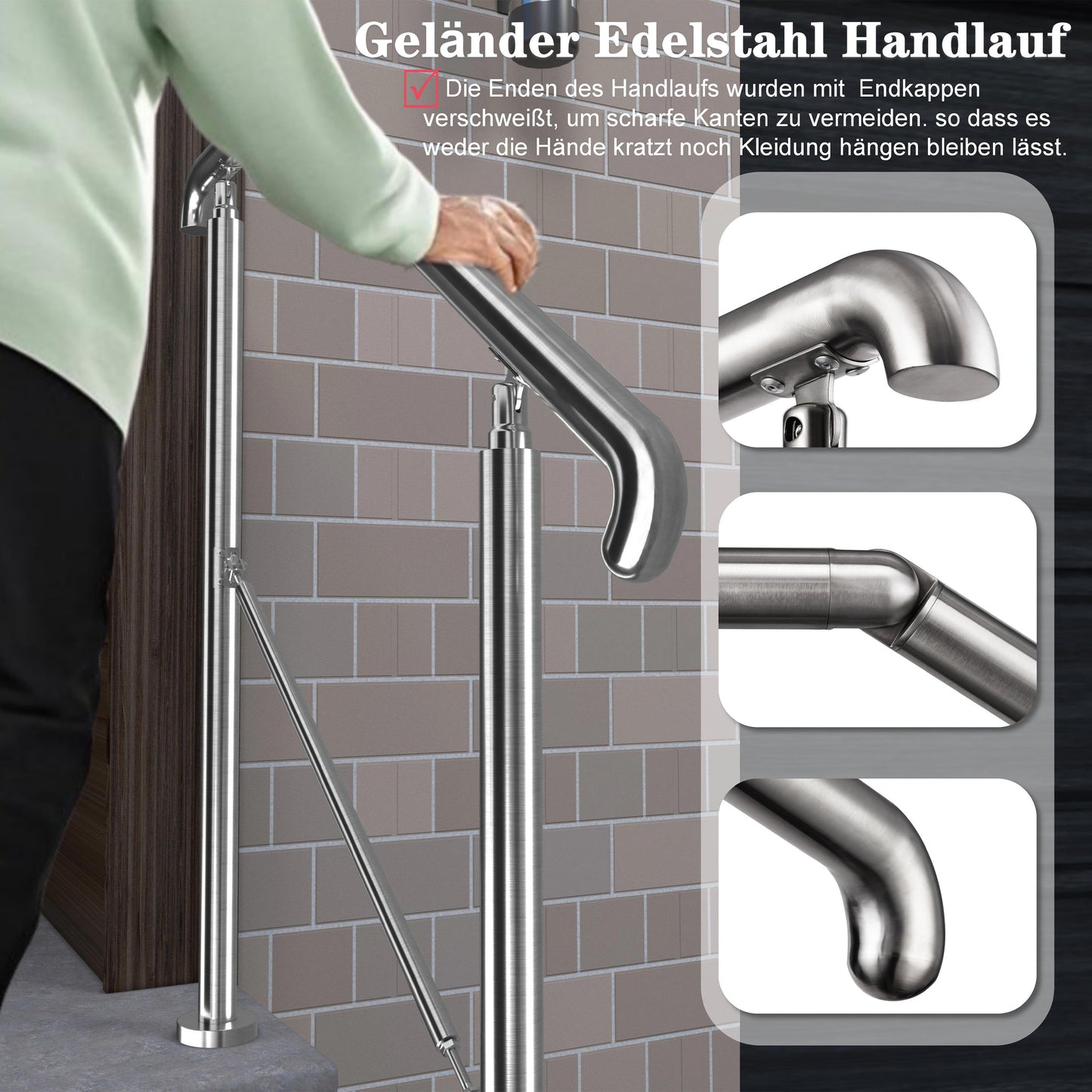 Edelstahl Geländer Komplettset in Silber oder Schwarz – für 2-5 Stufen, winkelverstellbar für Haustür & Treppeneingang