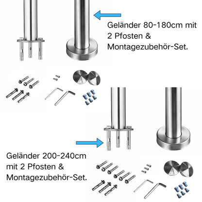 Edelstahl Geländer 3/5 Querstäbe Treppengeländer 80-240cm Handlauf | Balustradensystem für Balkon & Terrasse