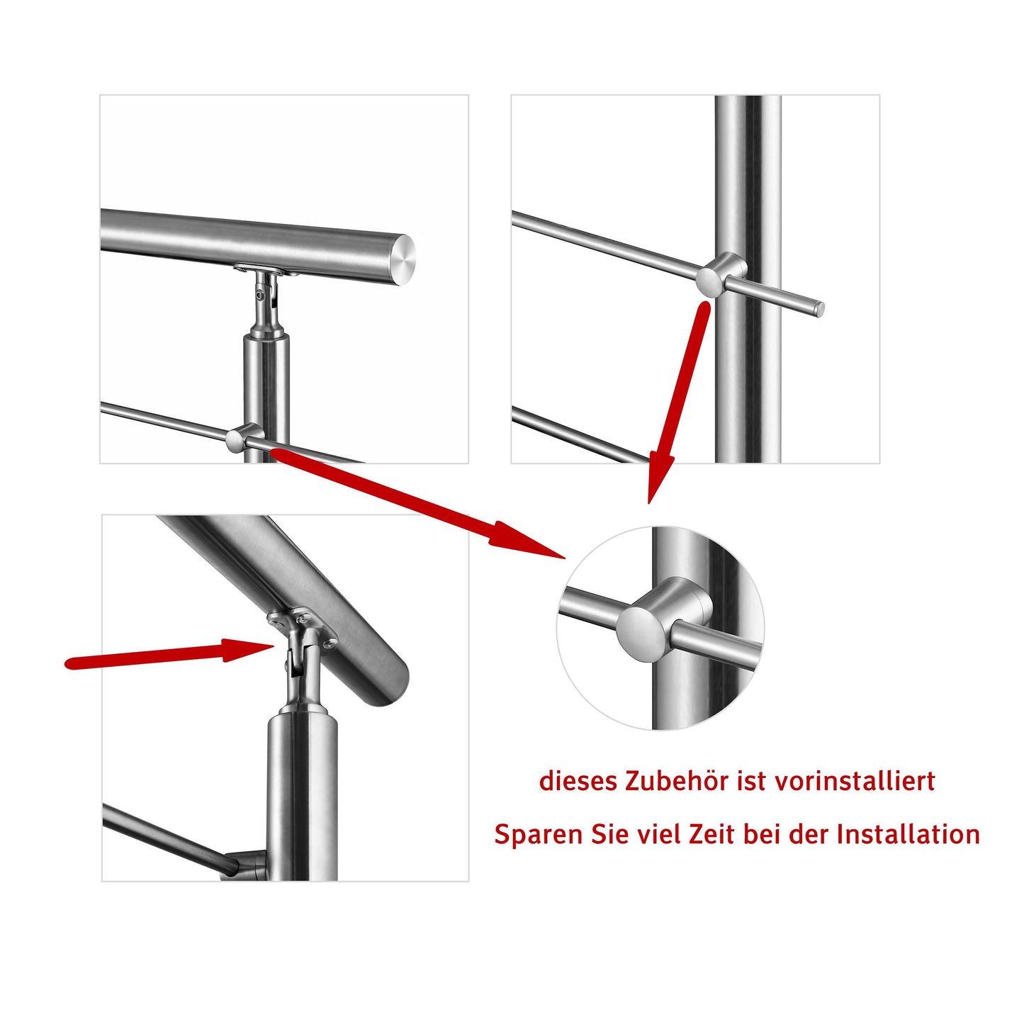 Edelstahl Geländer V2A mit Handlauf (80-200 cm) | 3 oder 5 Querstreben | Bodenmontage & Winkelverstellbar (0°-40°) | Für Balkon, Terrasse & Treppe
