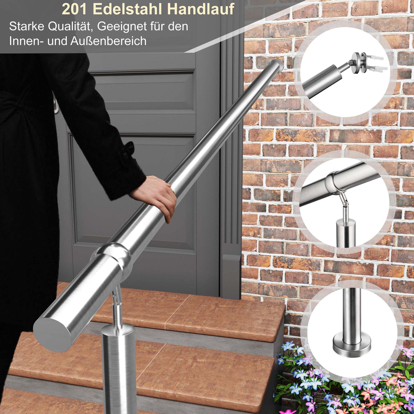 Edelstahl Geländer Komplettset mit integriertem Wandhalter & Handlauf – für Treppeneingang & Haustür