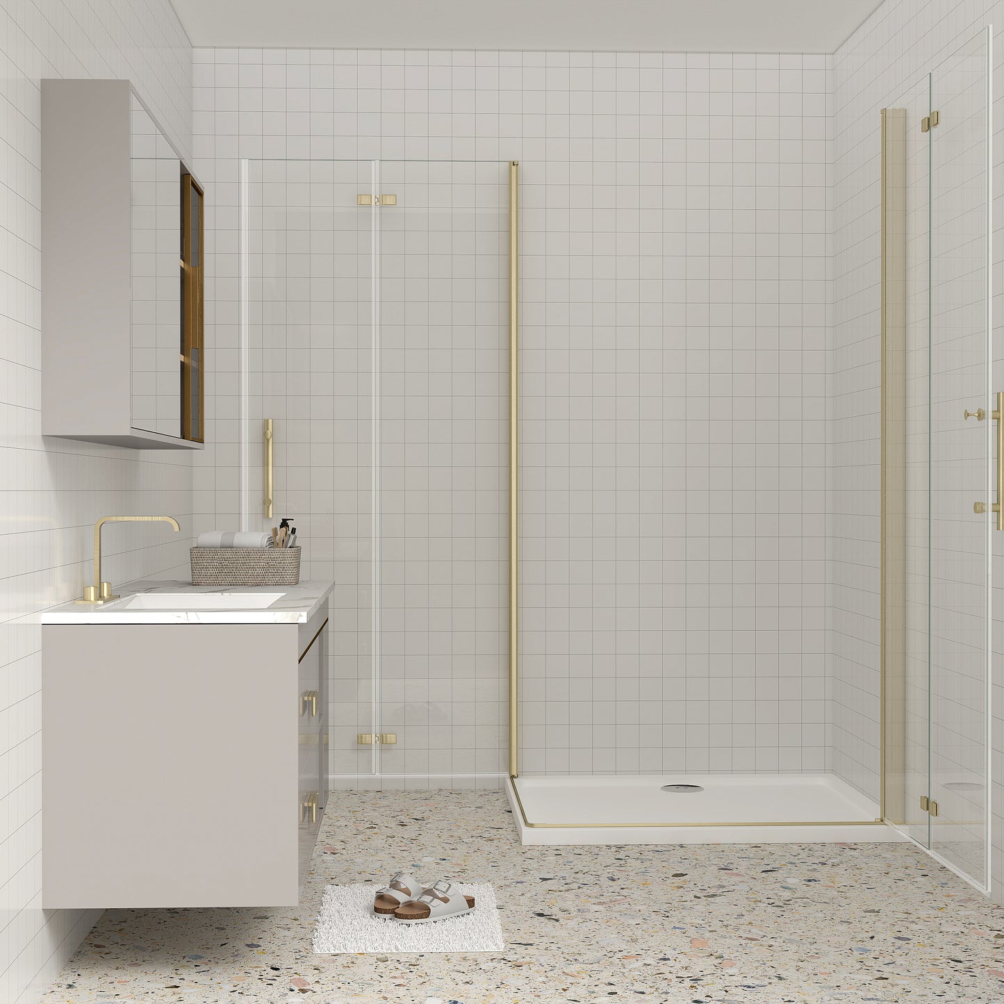 AICA Eckdusche 195cm Gold | Falttür Duschkabine Nano-Glas | 6mm ESG Duschabtrennung mit Eckeinstieg & Hebe-Senk-Funktion
