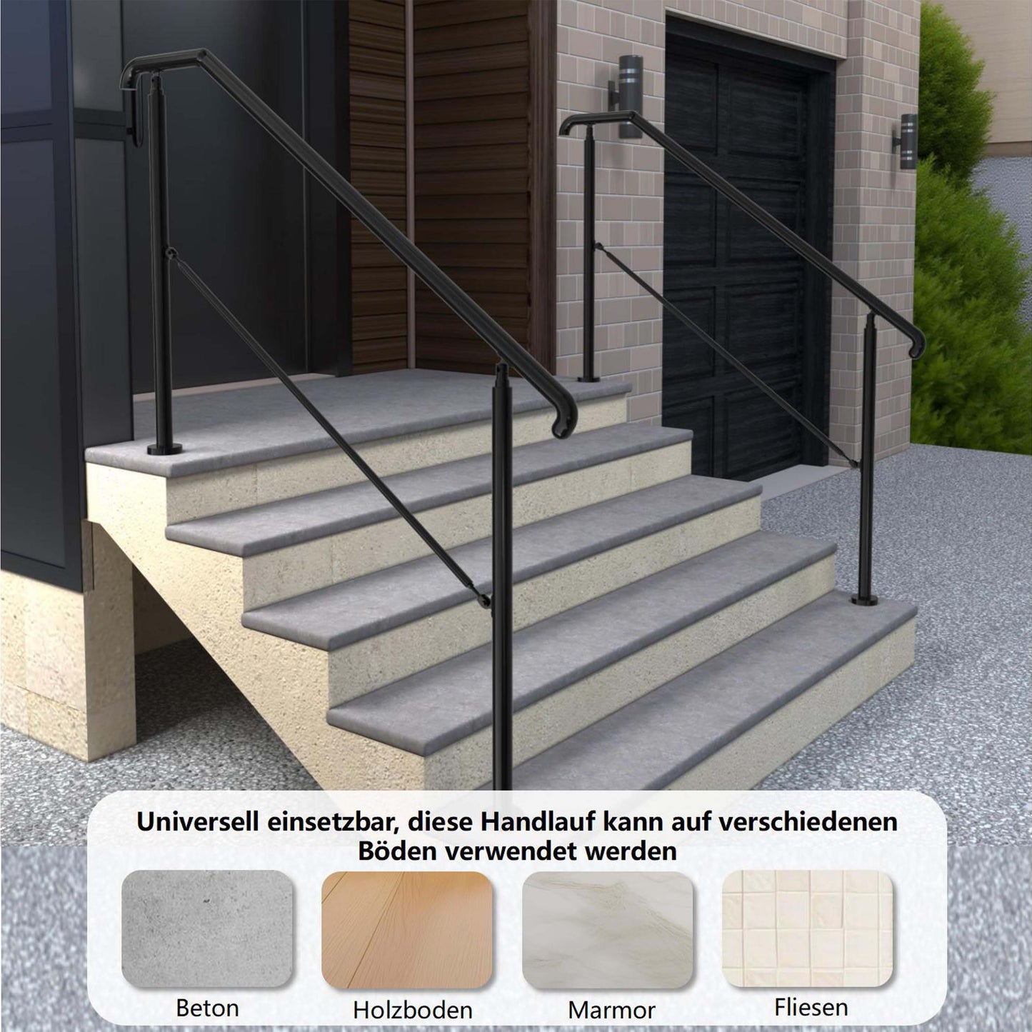 Edelstahl Geländer Komplettset in Silber oder Schwarz – für 2-5 Stufen, winkelverstellbar für Haustür & Treppeneingang