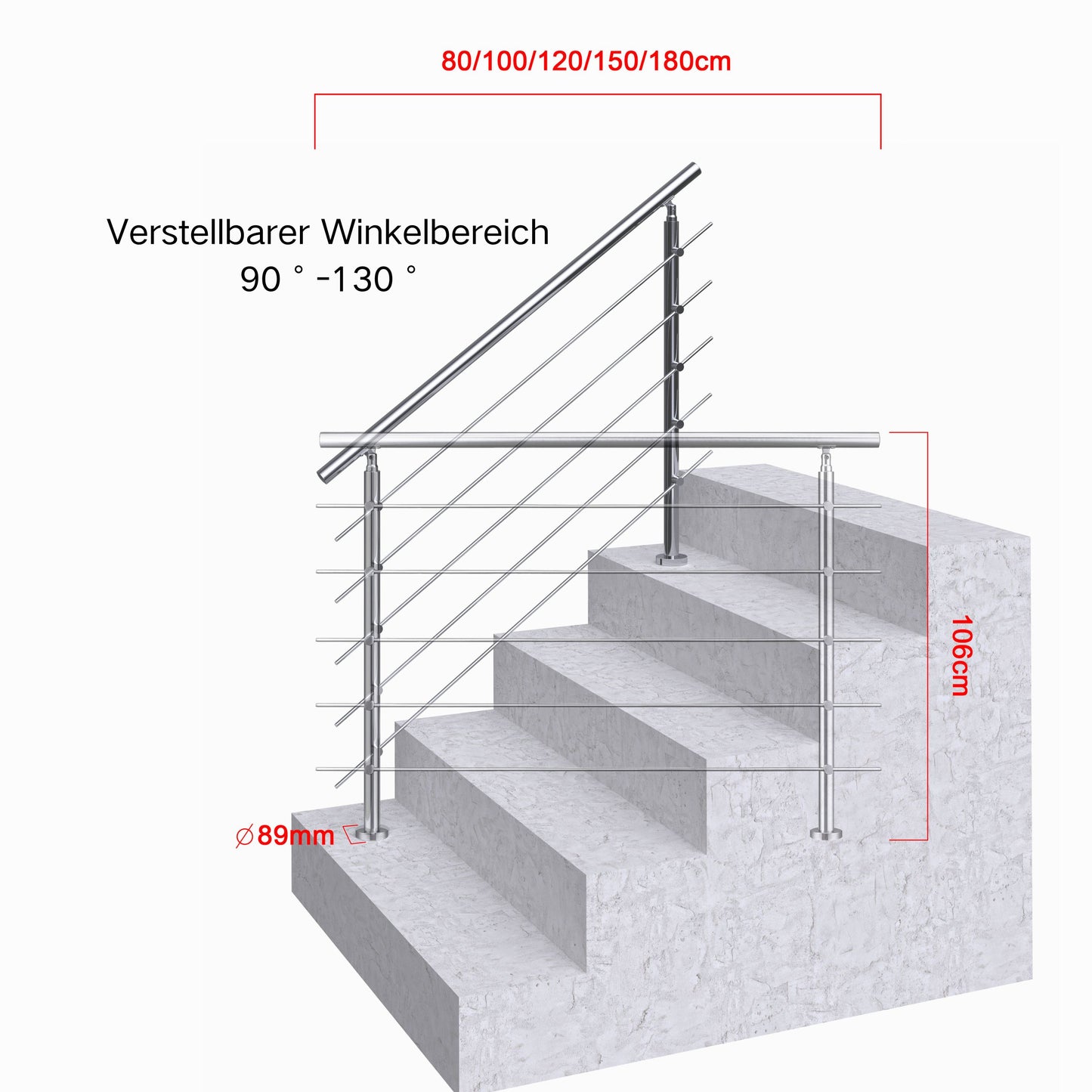 Edelstahl Geländer 3/5 Querstäbe Treppengeländer 80-240cm Handlauf | Balustradensystem für Balkon & Terrasse